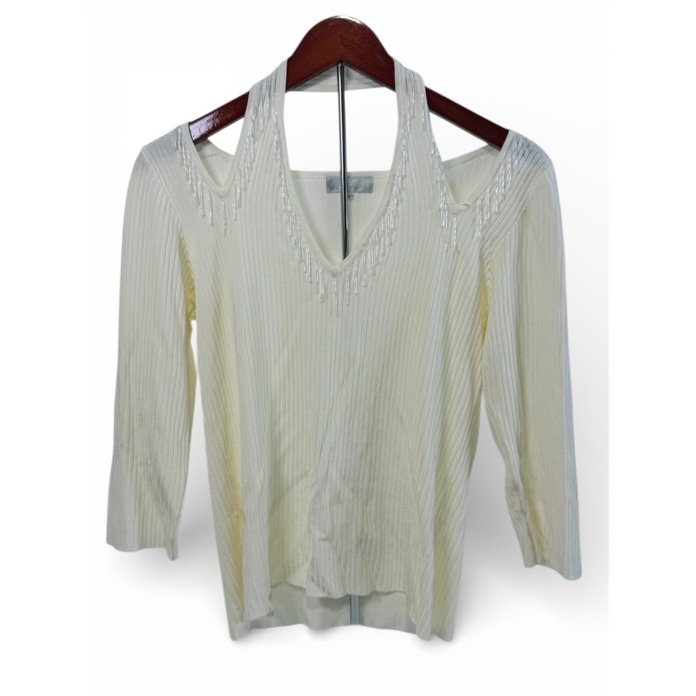 BC‎ Black Cat Fashion Top Women Large Cold Shoulder Beaded Fringe Ribbed Cream